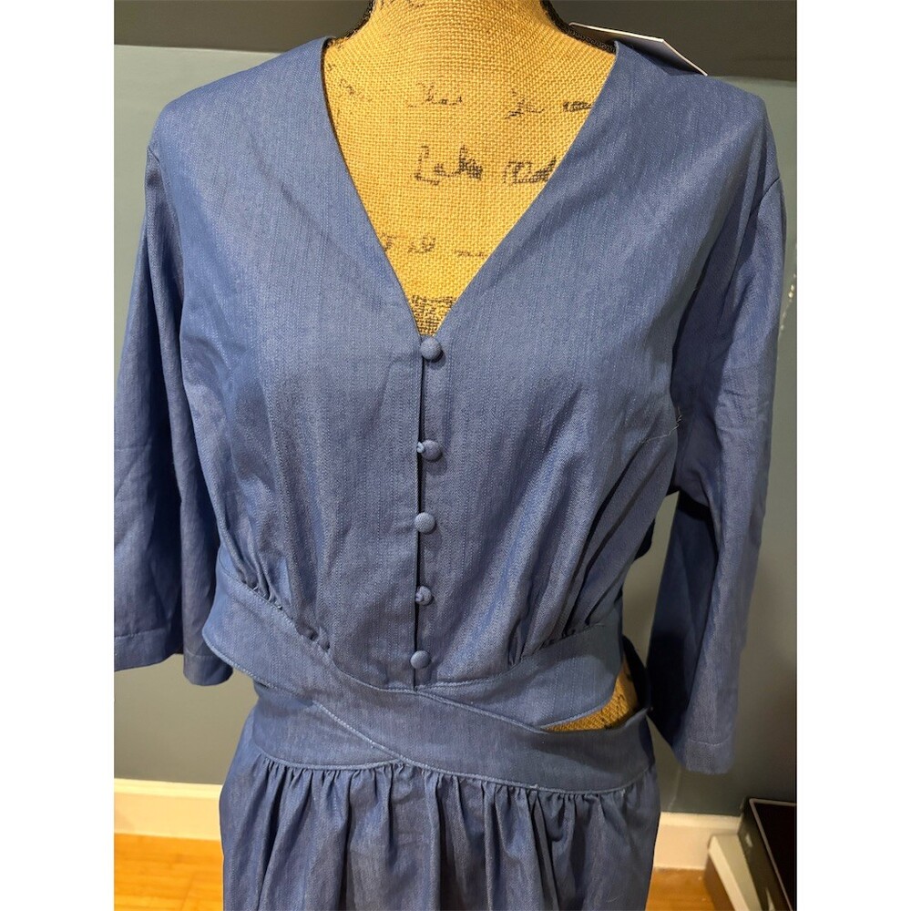 J. Brooks Dress Womens 1X Blue Midi V-Neck Button Front Cutout Waist 3/4 - Picture 3 of 13